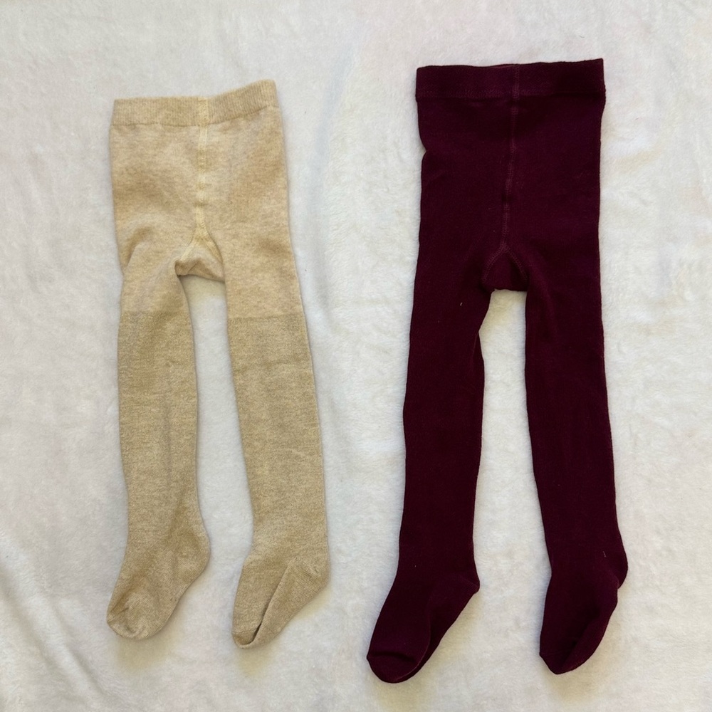 Set of 2 footed toddler girl leggings 12-24 months - sparkling cream, burgundy
